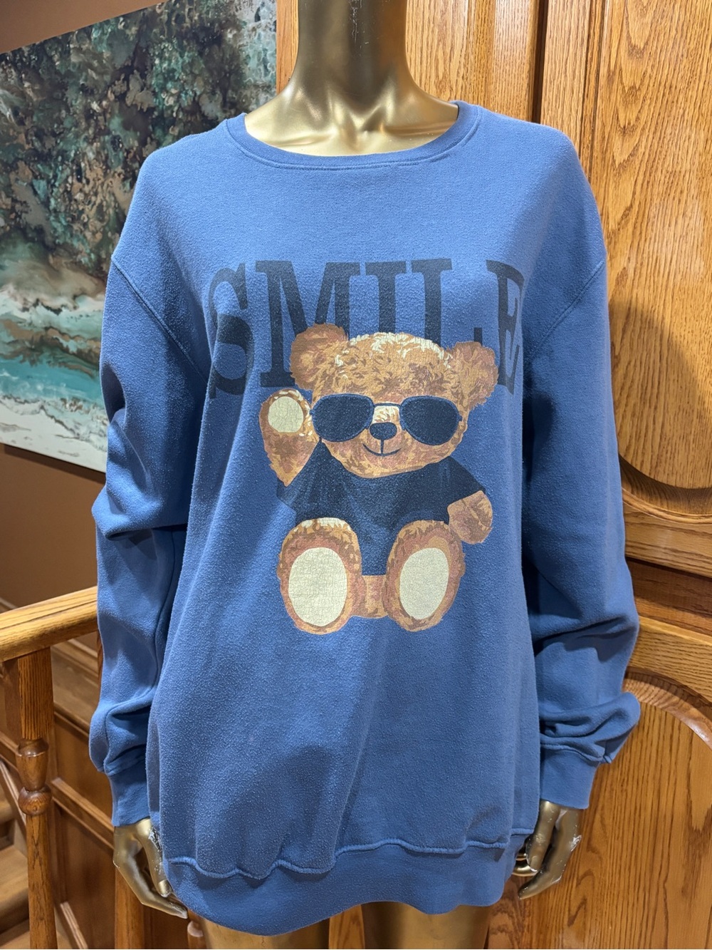 Blue Crewneck Sweatshirt with Teddy Bear Graphic - SMILE